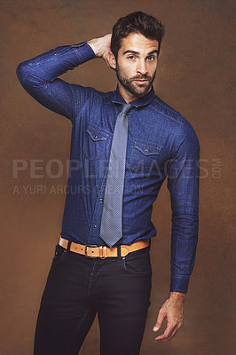 Buy stock photo Fashion, pose and portrait of businessman, studio and business clothing isolated on background. Confident, pose and corporate employee for happy male model, professional and formal and trendy outfit