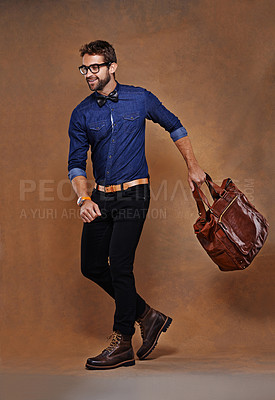 Buy stock photo Fashion, bag and man in studio walking on background and mockup with briefcase for business vacation. Formal, style and luxury luggage for airport, journey to Italy or leather shoes with clothes
