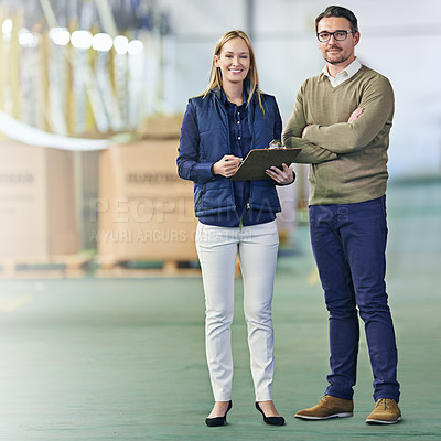 Buy stock photo Warehouse, portrait and people with clipboard for cargo, inventory and boxes for shipping. Colleagues, teamwork and collaboration on import or export, factory and paperwork for logistics on delivery