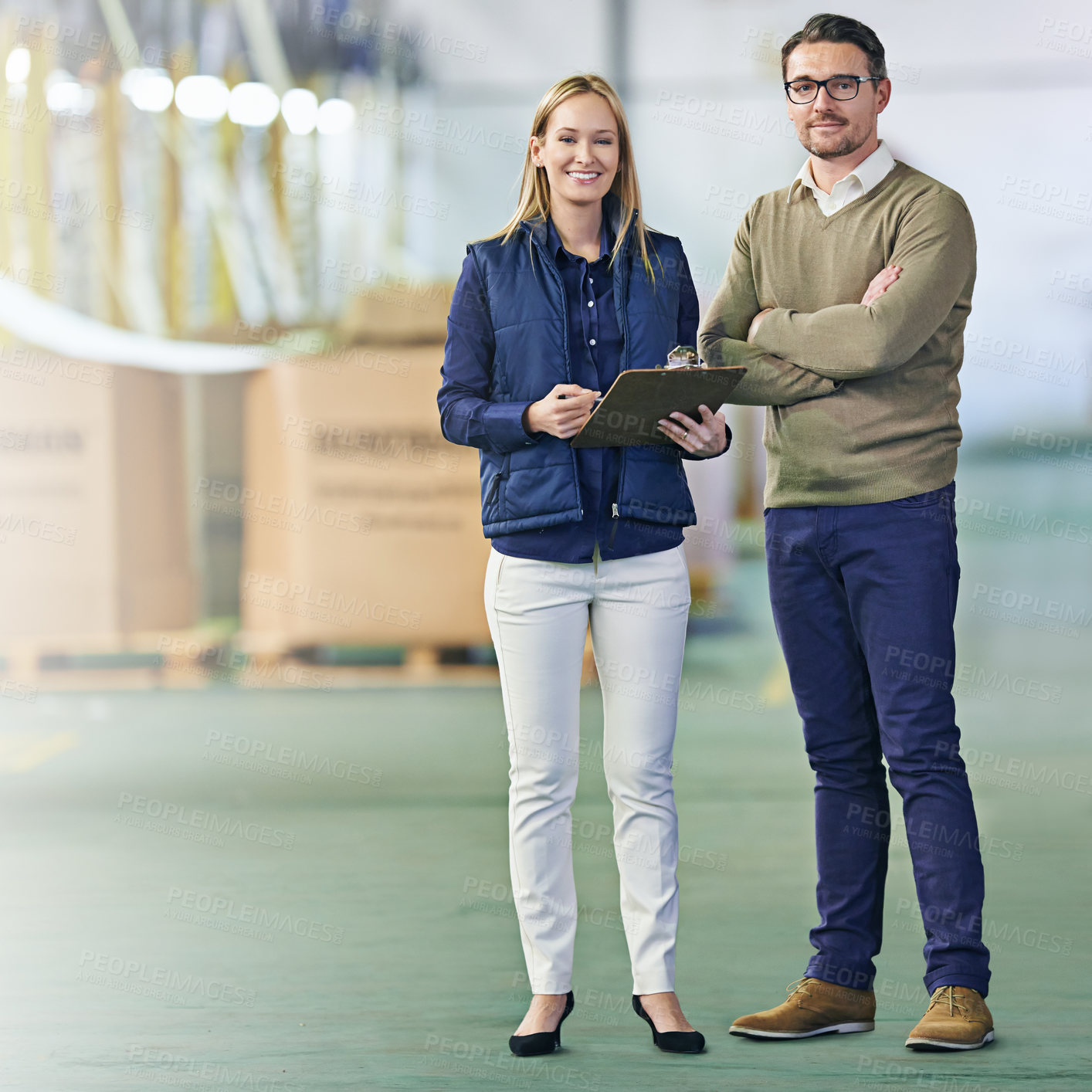 Buy stock photo Warehouse, portrait and people with clipboard for cargo, inventory and boxes for shipping. Colleagues, teamwork and collaboration on import or export, factory and paperwork for logistics on delivery