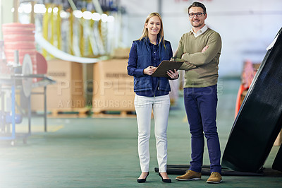 Buy stock photo Warehouse, portrait and people with clipboard for production, inventory and boxes for shipping. Colleagues, teamwork and collaboration on import or export, factory and paper for logistics on delivery