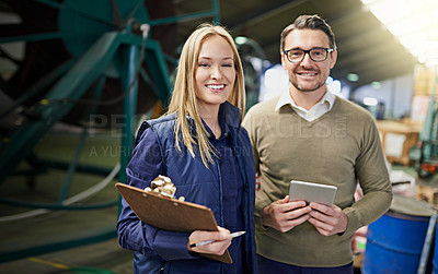 Buy stock photo Owners, smile and product manufacturing for warehouse, industry and portrait for storage. Industrial inspector, factory or logistics for freight, commercial distribution and equipment supplier career