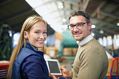 Buy stock photo Business people, industry and portrait in warehouse with tablet for collaboration, ecommerce and distribution. Woman, man and smile with digital technology for supply chain, teamwork and inspection