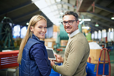 Buy stock photo Man, woman and portrait in warehouse with tablet for inspection or stock for supply chain, distribution or manufacturing. Factory workers, face and teamwork or courier logistics, import or delivery