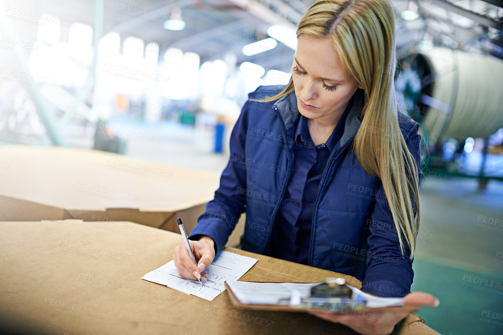 Buy stock photo Business people, writing and checklist with clipboard for delivery, storage or supply chain at warehouse. Female person or employee filling paperwork, documents or application for distribution 