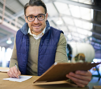 Buy stock photo Man, portrait and clipboard in factory for logistics inspection for checklist, supervisor or supply chain. Male person, face and warehouse worker for e commerce delivery, manufacture or distribution