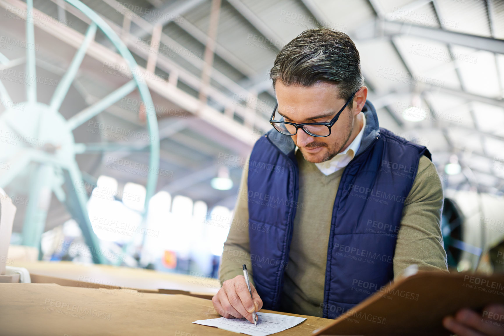 Buy stock photo Inspection, checklist and business man with clipboard, for delivery, shipping logistics or stock in warehouse. Distribution, ecommerce and worker for freight, supply chain or quality control