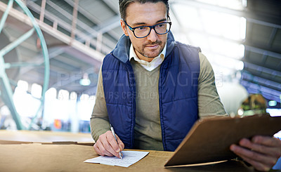 Buy stock photo Checklist, package and business man with clipboard, for delivery, shipping logistics or stock inspection in warehouse. Distribution, ecommerce and worker for freight, supply chain or quality control