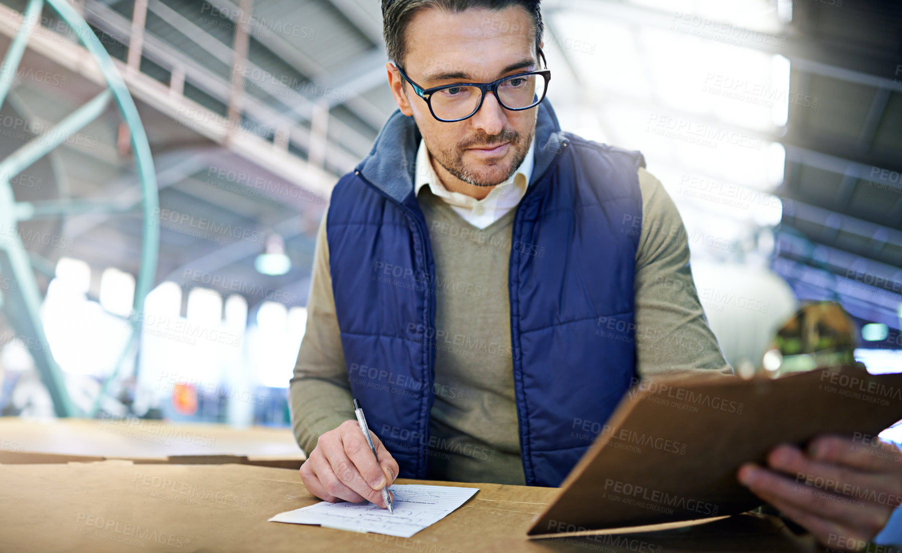 Buy stock photo Checklist, package and business man with clipboard, for delivery, shipping logistics or stock inspection in warehouse. Distribution, ecommerce and worker for freight, supply chain or quality control