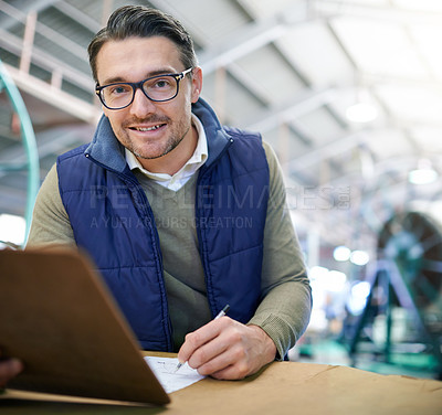Buy stock photo Checklist, smile and portrait of businessman for inventory management, logistics or stock inspection in warehouse. Distribution, ecommerce and employee for cargo, supply chain or quality control