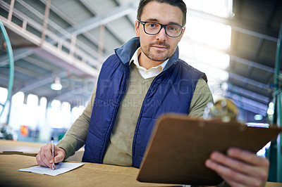 Buy stock photo Checklist, shipment and portrait of man with clipboard for inventory management, logistics or inspection in warehouse. Distribution, ecommerce and worker for cargo, supply chain or quality control