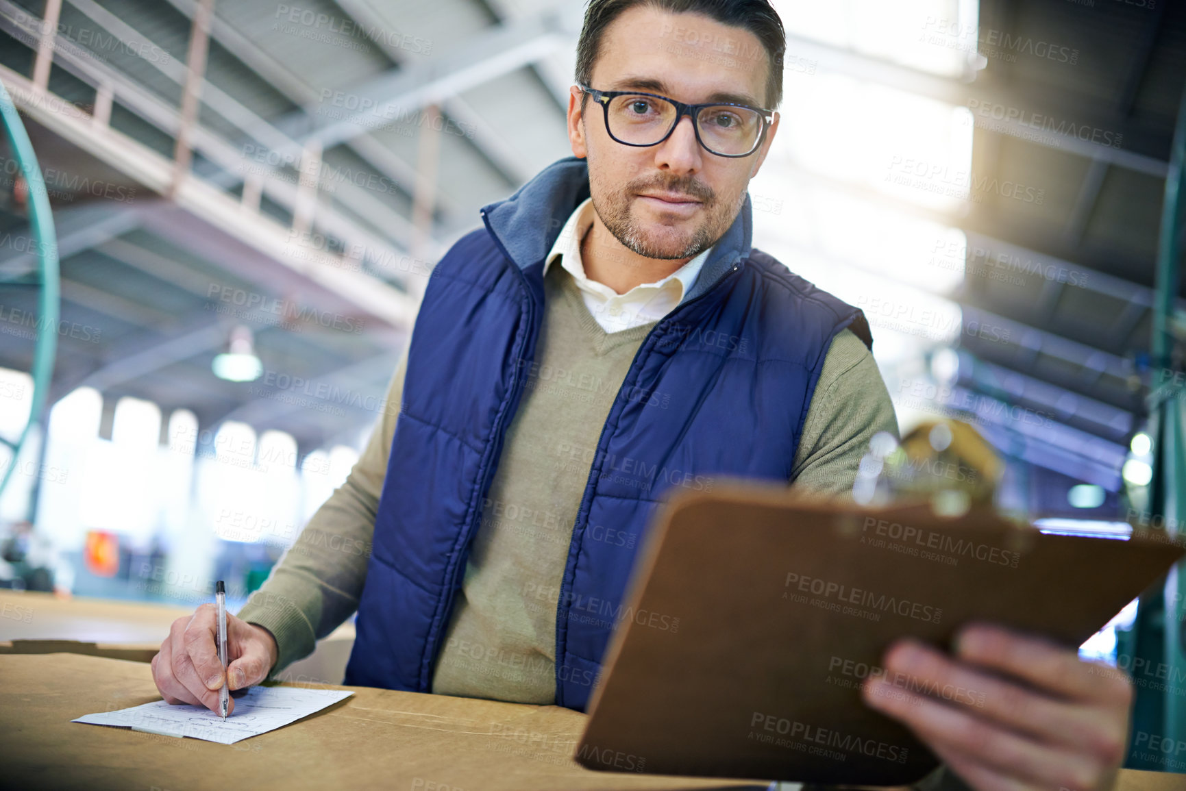 Buy stock photo Checklist, shipment and portrait of man with clipboard for inventory management, logistics or inspection in warehouse. Distribution, ecommerce and worker for cargo, supply chain or quality control