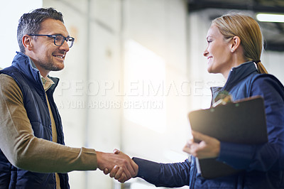 Buy stock photo Business people, handshake and welcome for b2b collaboration, partnership and agreement. Professional, clipboard and shaking hands for introduction, b2b onboarding or teamwork in shipping warehouse