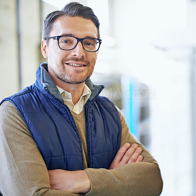 Buy stock photo Logistics, portrait and businessman with arms crossed in warehouse for shipping, distribution or storage. Smile, factory and worker for confidence, supply chain or courier service in export industry