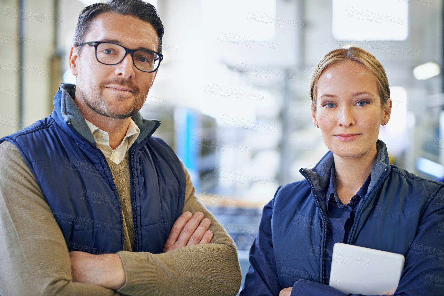 Buy stock photo Warehouse, colleagues and smile with tablet, portrait and serious for delivery in factory. Teamwork, woman and man in collaboration for shipping or manufacturing of goods in workplace of freight