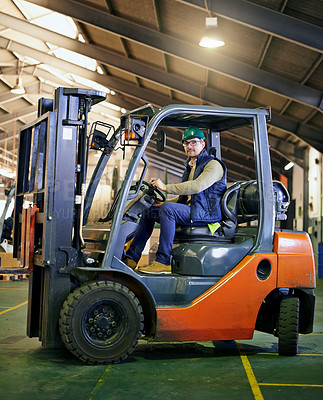 Buy stock photo Portrait, warehouse and man with forklift working on site, loading on dock with Industrial moving vehicle. Transporting, shipping inventory with safety hardhat for delivery, labor worker for company