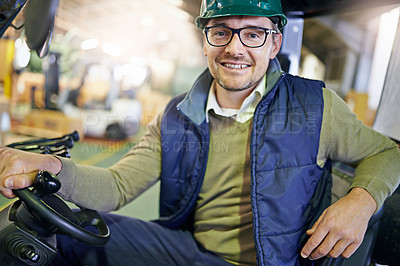 Buy stock photo Man, portrait and forklift in warehouse for transport or distribution supply chain, import or delivery. Male person, face and hardhat for supplier in factory or manufacturing, courier or workshop