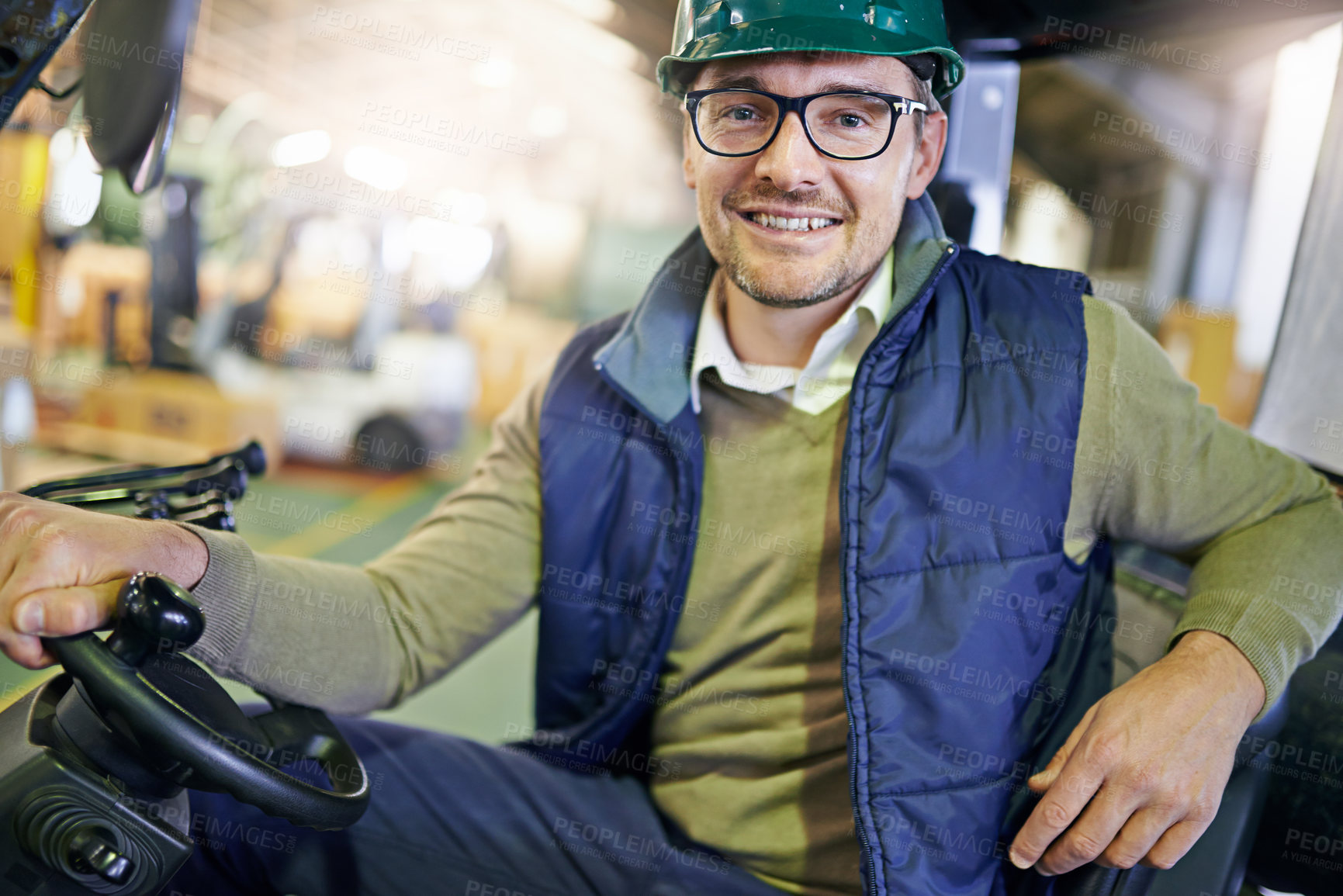 Buy stock photo Man, portrait and forklift in warehouse for transport or distribution supply chain, import or delivery. Male person, face and hardhat for supplier in factory or manufacturing, courier or workshop