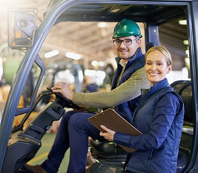 Buy stock photo Portrait, warehouse and smile workers with forklift on site, loading on dock with Industrial moving vehicle. Teamwork, together or woman with clipboard for shipping inventory, hardhat for safety