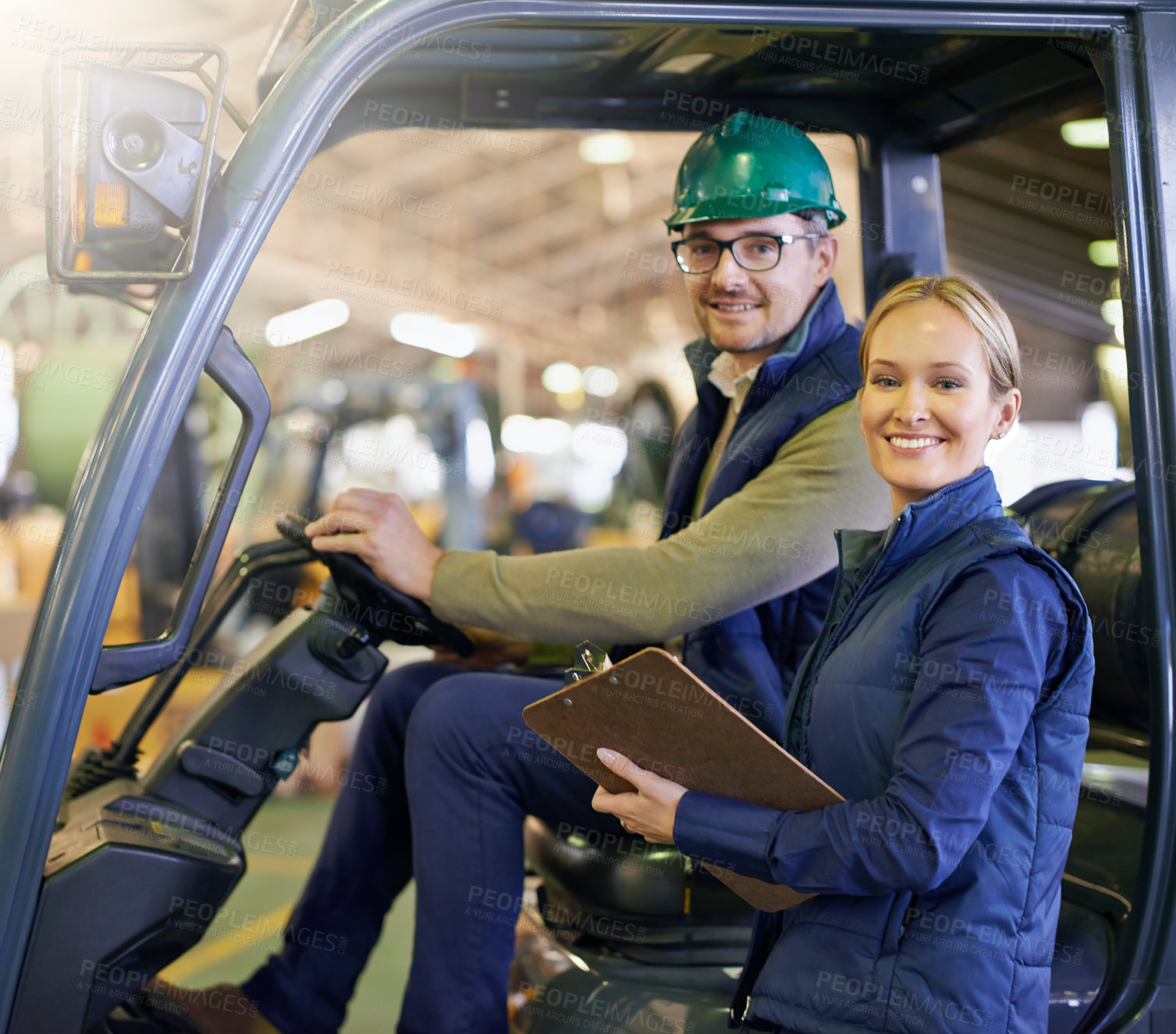 Buy stock photo Portrait, warehouse and smile workers with forklift on site, loading on dock with Industrial moving vehicle. Teamwork, together or woman with clipboard for shipping inventory, hardhat for safety