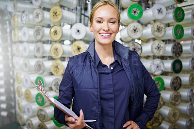 Buy stock photo Woman, stock and cargo manufacturing with warehouse, industry and portrait for storage. Industrial inspector, factory and logistics for freight, commercial distribution and equipment supplier career