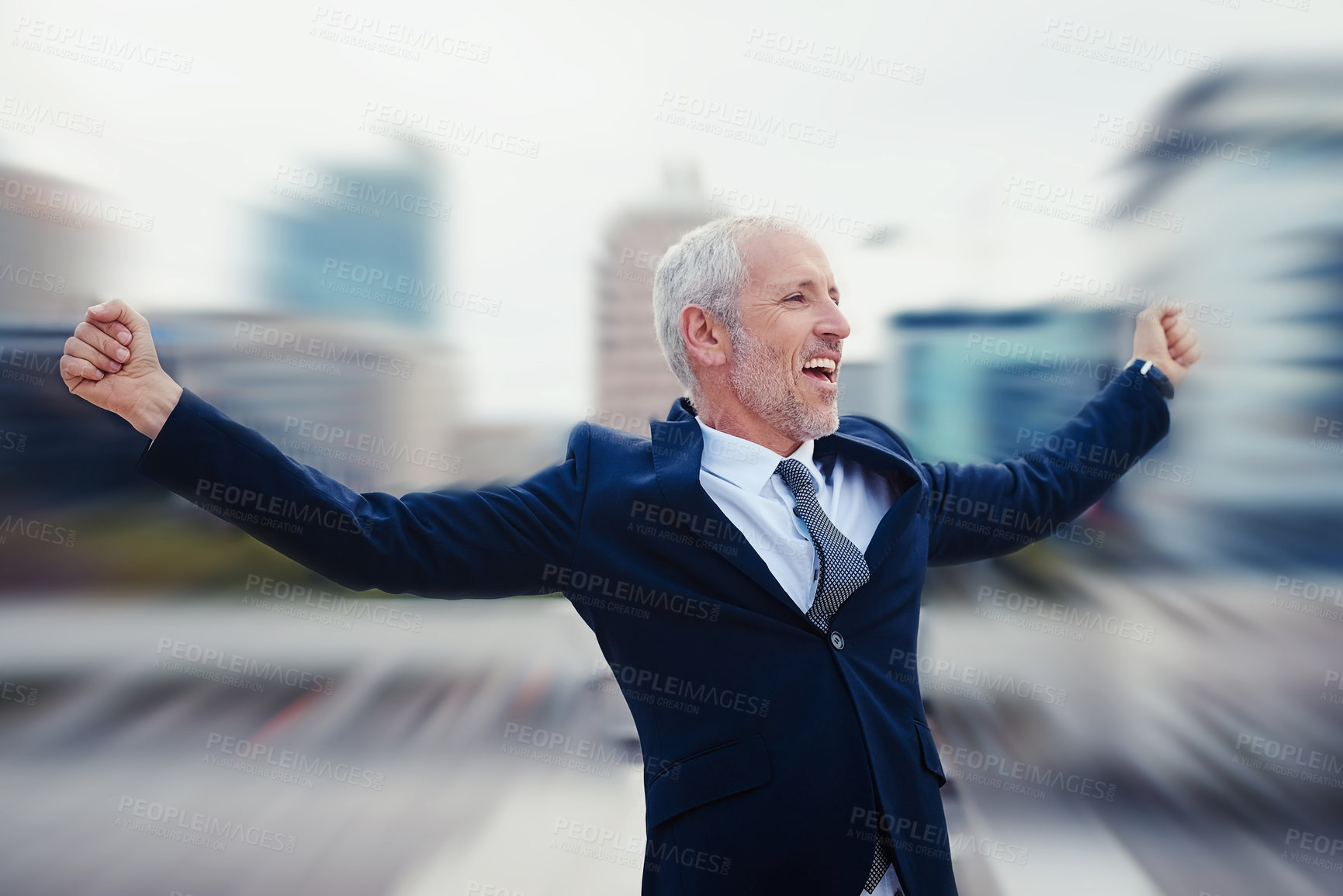 Buy stock photo Blurred background, city and freedom with mature businessman outdoor for new job opportunity. Smile, suit and success with excited or happy employee outdoor in urban town for corporate celebration