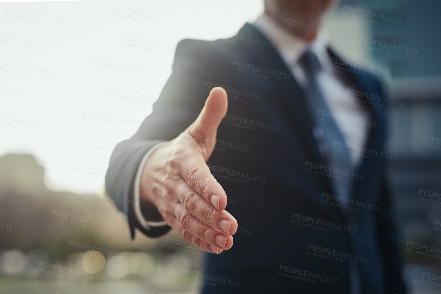 Buy stock photo Businessman, hand and greeting gesture outside for deal with partnership or corporate first impression. Well done, lawyer and crm with firm agreement, team and together with welcome for b2b trust.