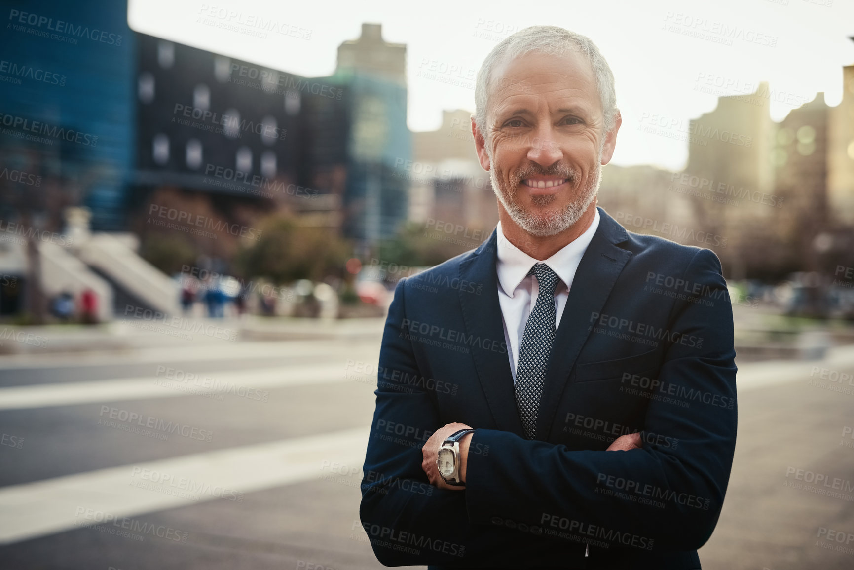 Buy stock photo Businessman, mature and arms crossed with portrait in city for business travel for commuting, downtown and outdoor for job. Male entrepreneur or lawyer, confident and happy for corporate career.