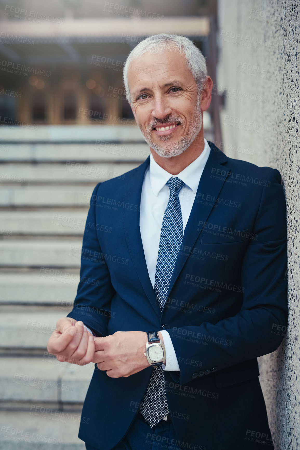 Buy stock photo Mature, business and man with portrait by stairs in city for corporate travel for commuting, downtown and outdoor for job. Male entrepreneur or lawyer, proud and happy for career in advocacy or law.