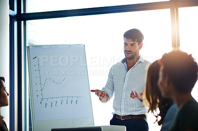 Buy stock photo Whiteboard, presentation and businessman training team, planning or brainstorming in startup office meeting. Group, speaker and financial consultant with data, graph or erp statistics for coaching