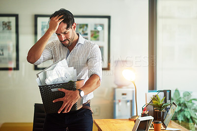 Buy stock photo Business man, stress and fired box in office, termination and angry for dismissal in workplace. Male person, frustrated and worry for retrenchment debt, unemployed and sad for job loss or resignation