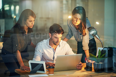 Buy stock photo Lawyers, people and laptop in working late for teamwork at office as coworkers for workplace, company and corporate. Women, man and project in collaboration, together and colleagues for deadline