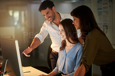 Buy stock photo Web designer, people and laptop in pointing for working late for teamwork at office as coworkers for workplace, company and business. Women, man and project in collaboration, together and colleagues
