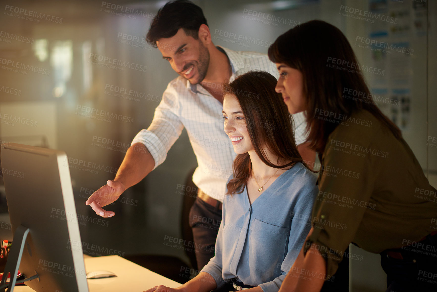 Buy stock photo Web designer, people and laptop in pointing for working late for teamwork at office as coworkers for workplace, company and business. Women, man and project in collaboration, together and colleagues