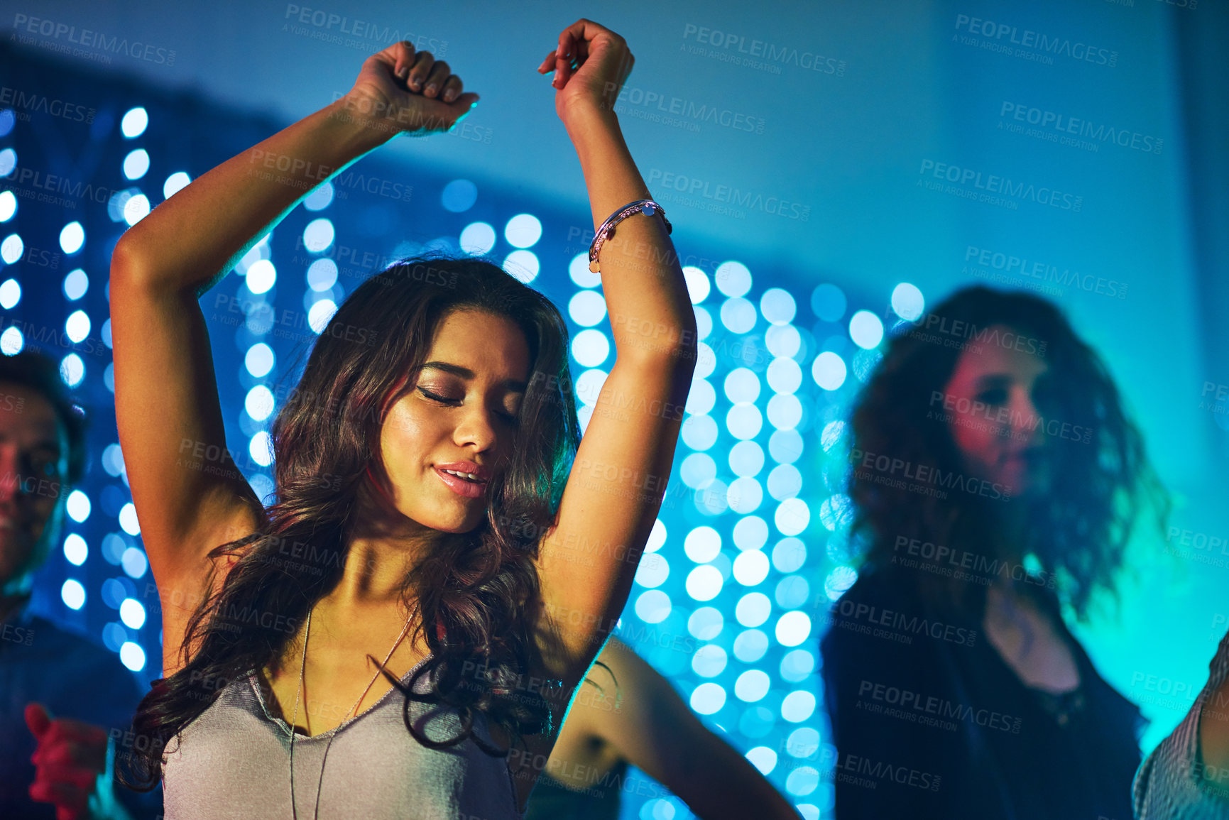 Buy stock photo Dancing, woman and confidence in nightclub for birthday, new year and party or disco in Mexico. Smile, enjoyment and eyes closed in festival for concert, music and celebration on dance floor in city