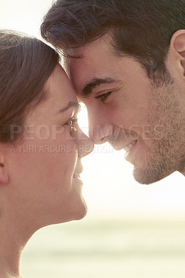 Buy stock photo Couple, smile and trust while together in Australia park for romance, love and happiness outdoors. Happy people, support and partners in nature with close up for affection, hug and relationship