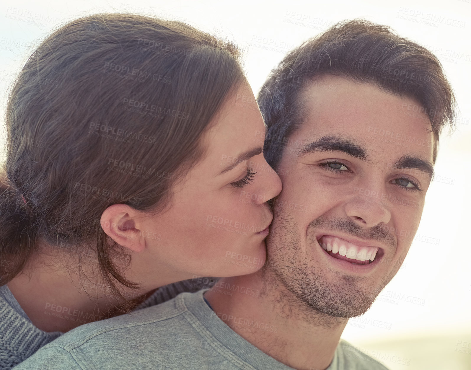 Buy stock photo Man, woman and couple kiss with smile for outdoor date with connection, anniversary or romance. Happiness, bonding and travel holiday in Australia for relationship love or weekend, vacation or relax