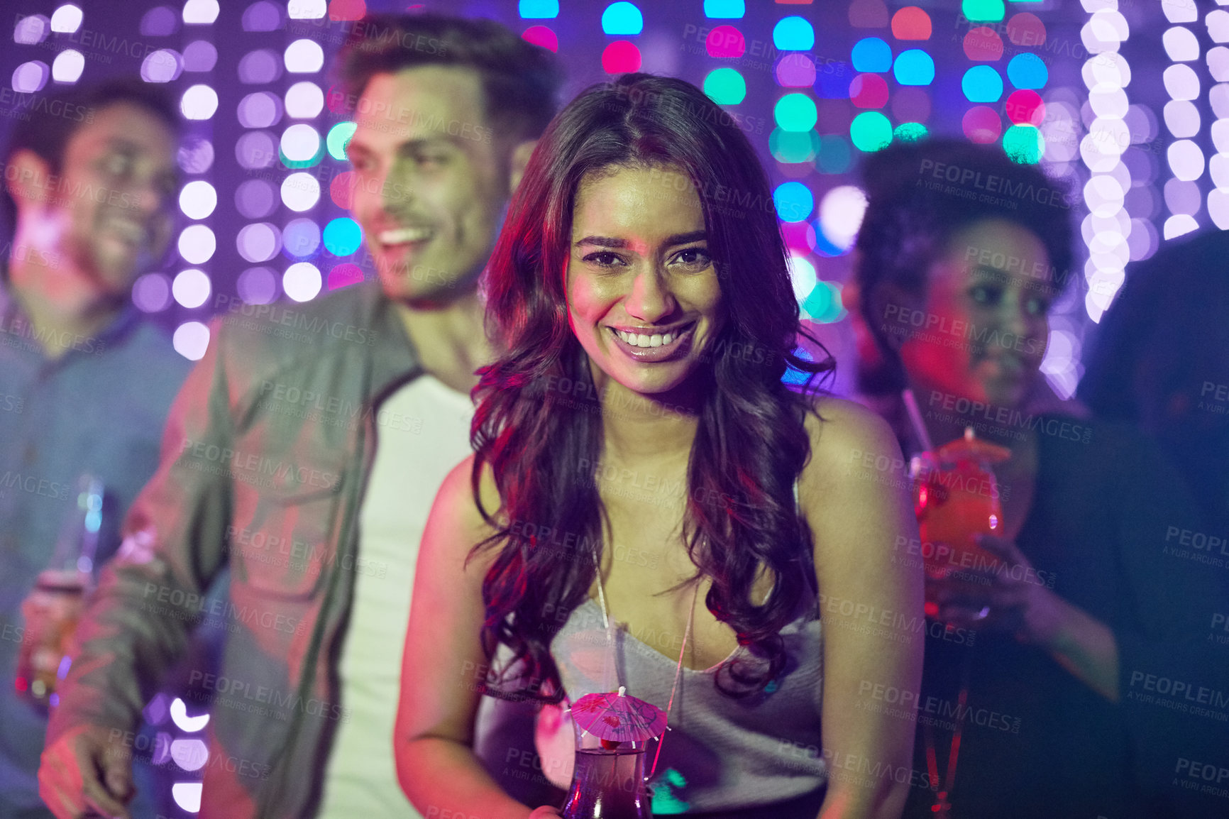 Buy stock photo Portrait, smile and woman, nightclub and party with friends, happy and celebration for birthday, confidence and fun. Bokeh, group and lights for new year, weekend and countdown in rave with energy