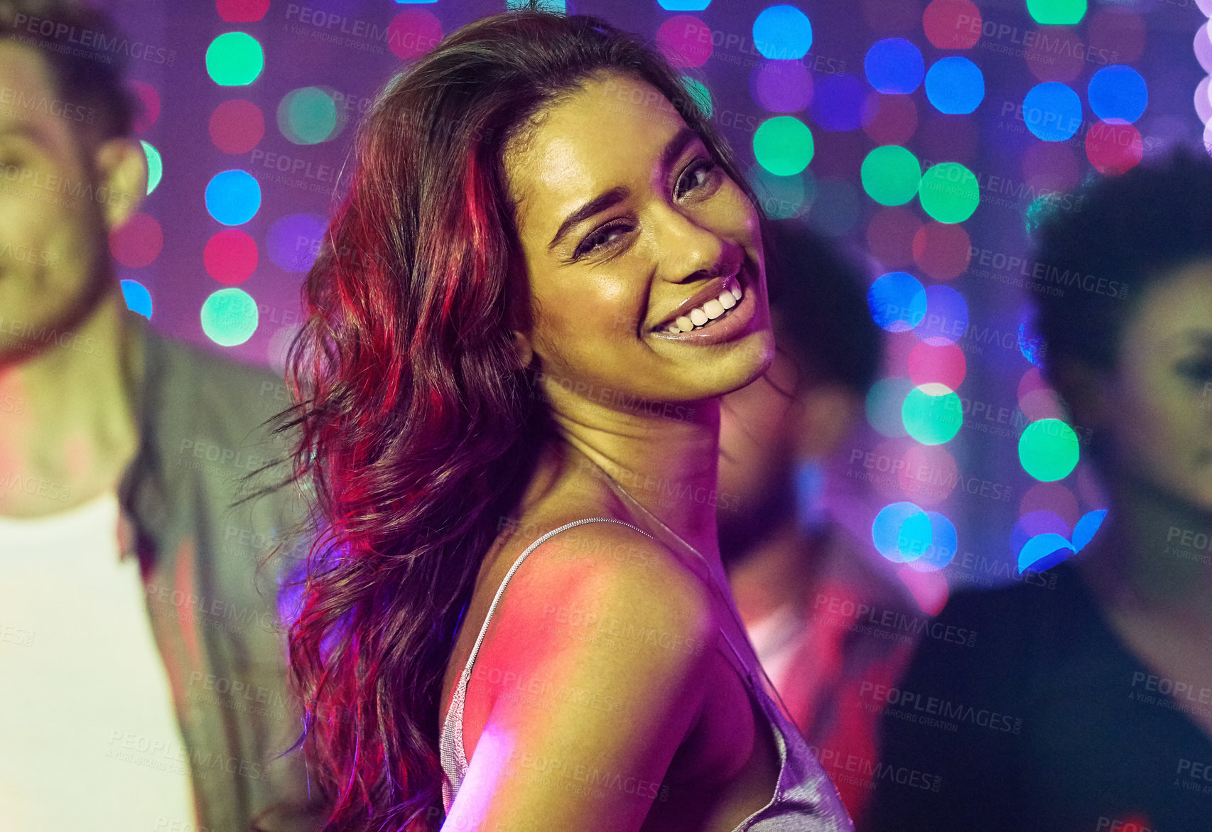 Buy stock photo Portrait, dancing and woman, party and nightclub with friends, smile and celebration for birthday, confidence and fun. Bokeh, group and lights for new year, weekend and countdown in rave with energy