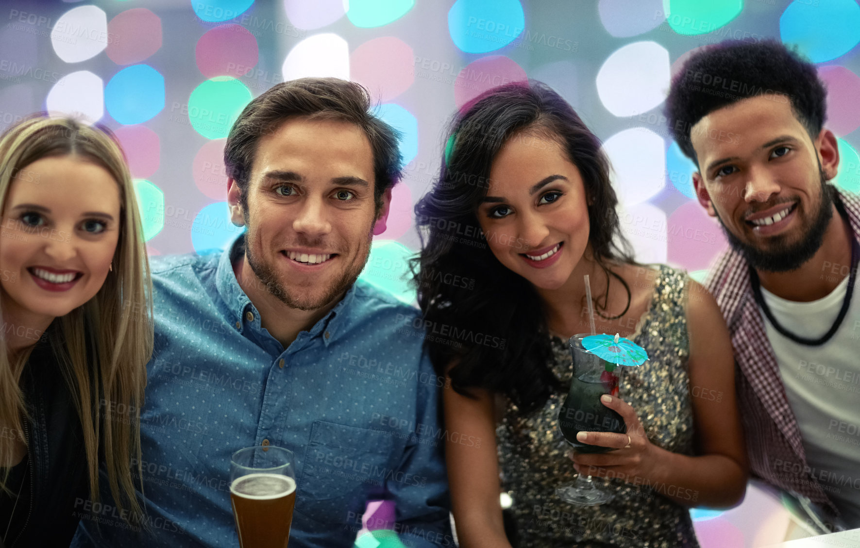 Buy stock photo Portrait, friends and woman, nightclub and party for people, smile and celebration for birthday, confidence and fun. Bokeh, group and lights for new year, weekend and countdown in rave with energy