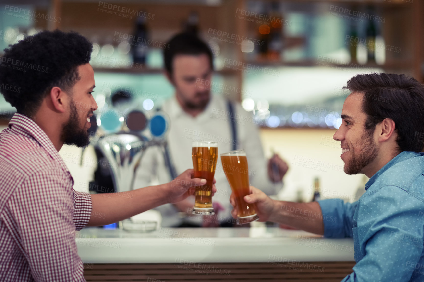 Buy stock photo Men, smile and toast with beer at pub for communication, collaboration and relax in restaurant. Friends, support and cheers with alcohol beverage for happy hour, reunion and celebration together