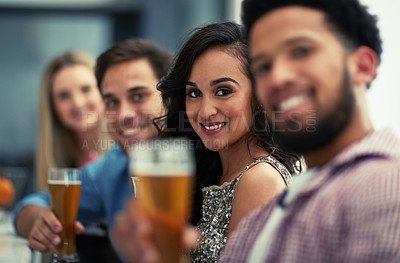 Buy stock photo Portrait, group and woman with alcohol, celebration and friends in weekend, break and party for birthday. New York, gen z and people with smile, drink and together for countdown, newyear and festive