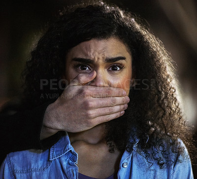 Buy stock photo Portrait of a young woman being grabbed by a criminal in the city