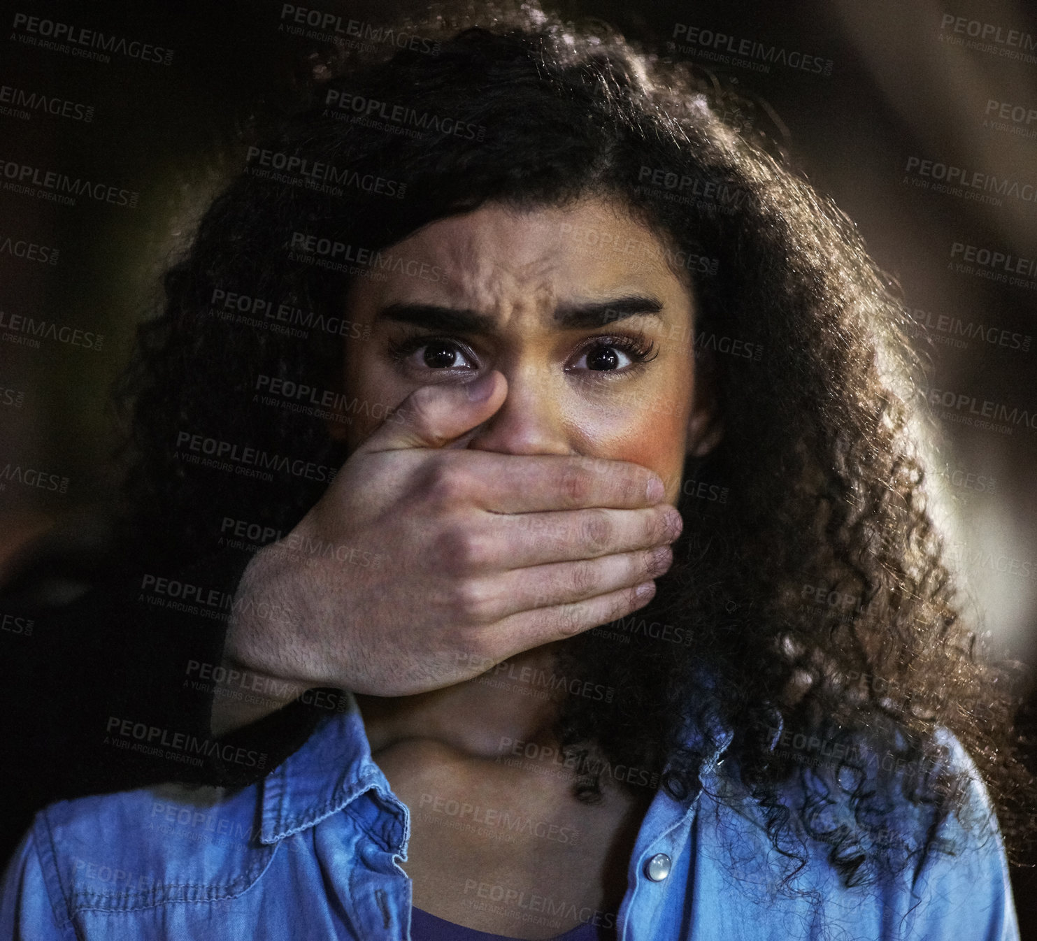 Buy stock photo Woman, fear and criminal with hand on mouth, danger and violence in city or domestic issue with scared female person. Worried, victim and hostage or gender based assault, night and abuse kidnaping