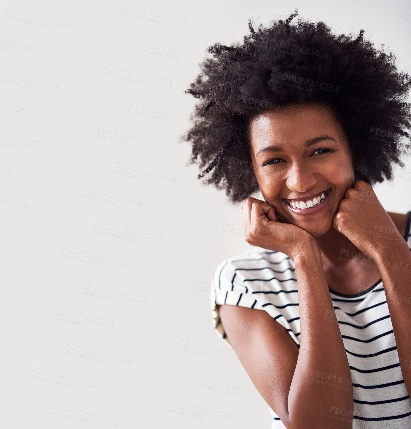 Buy stock photo Portrait, African woman and happy in studio with mockup space for style, fashion and choice. Street wear, gen z and pride for clothes, apparel and smile by white background with female person 