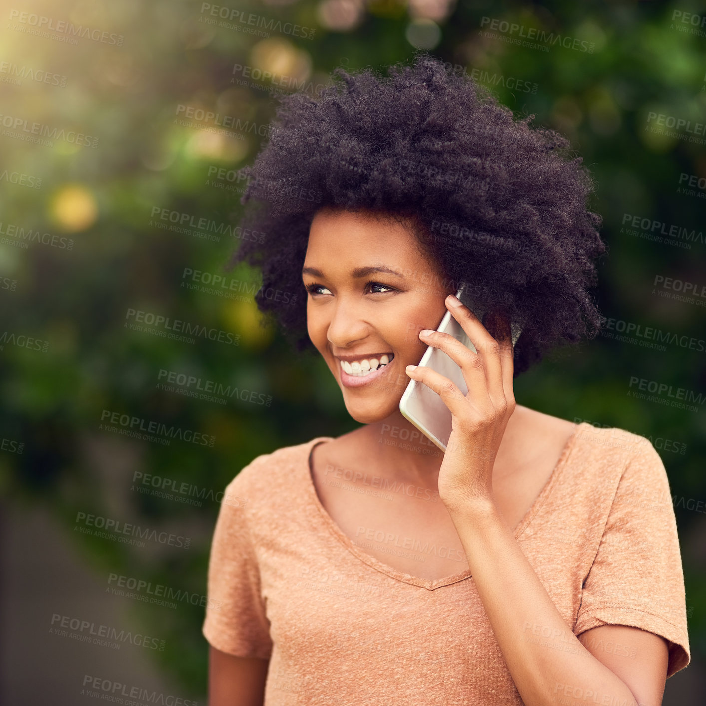 Buy stock photo Phone call, smile and thinking with black woman in garden of home for communication or networking. Afro, casual and idea with happy person talking on mobile in backyard for summer conversation