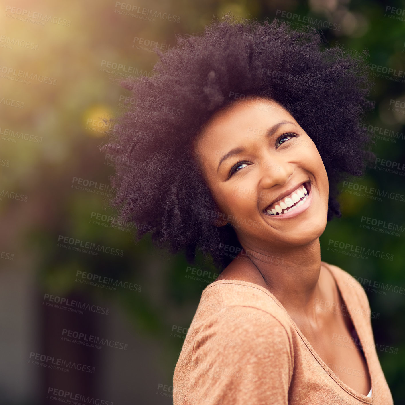 Buy stock photo Garden, environment and smile of woman in nature for outdoor, summer adventure and holiday to relax. Happy, female person and pride with confidence in park for travel, vacation and peace in sunshine