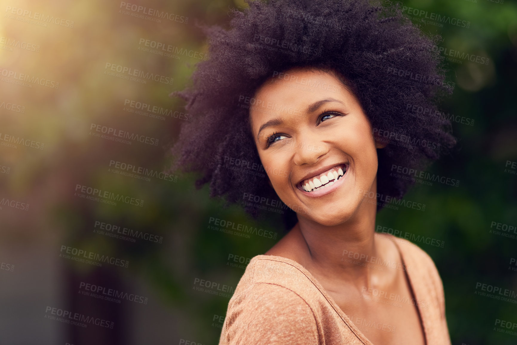 Buy stock photo Nature, environment and smile of woman in park for outdoor, summer adventure and vacation to relax. Confident, female person and pride with happiness in park for travel, holiday and peace in sunshine