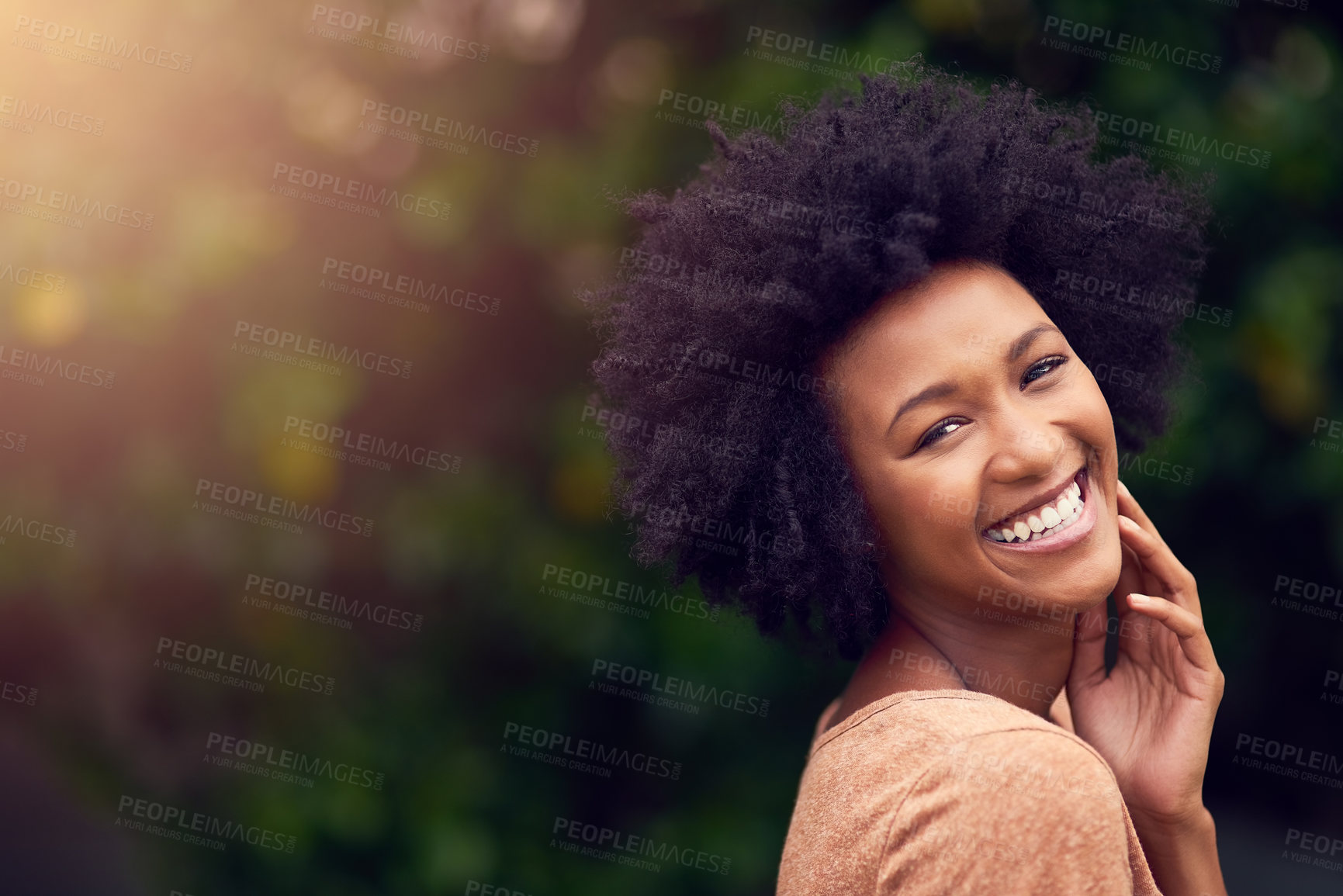 Buy stock photo Happy, smile and portrait of woman in nature for outdoor, summer adventure and vacation to relax. Garden, female person and face with confidence in park for travel, holiday and peace in sunshine