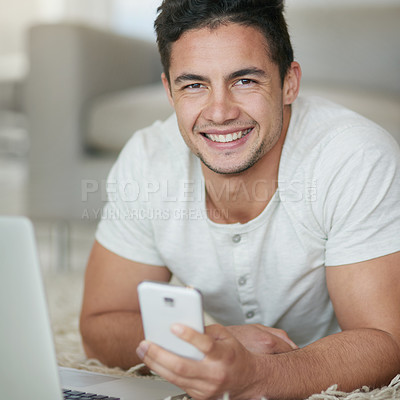 Buy stock photo Man, phone and laptop portrait for freelancer in home, remote work and networking. Male person, communication and website for course, copywriter and check email for conversation or online research